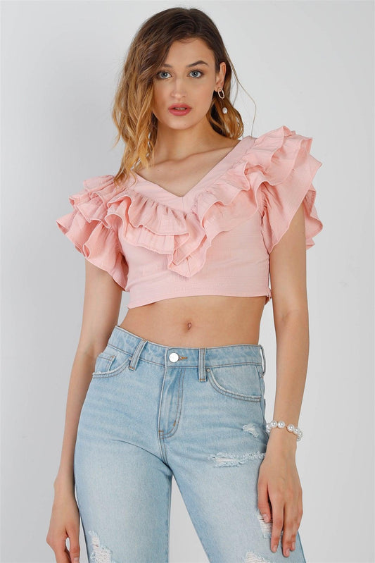 Pink Textured Layered Ruffle Detail V-Neck Crop Top /2-2-2