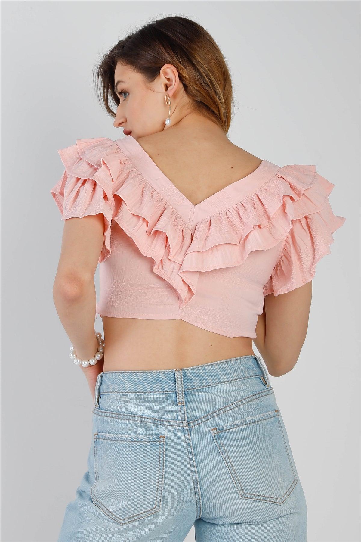 Pink Textured Layered Ruffle Detail V-Neck Crop Top /2-2-2