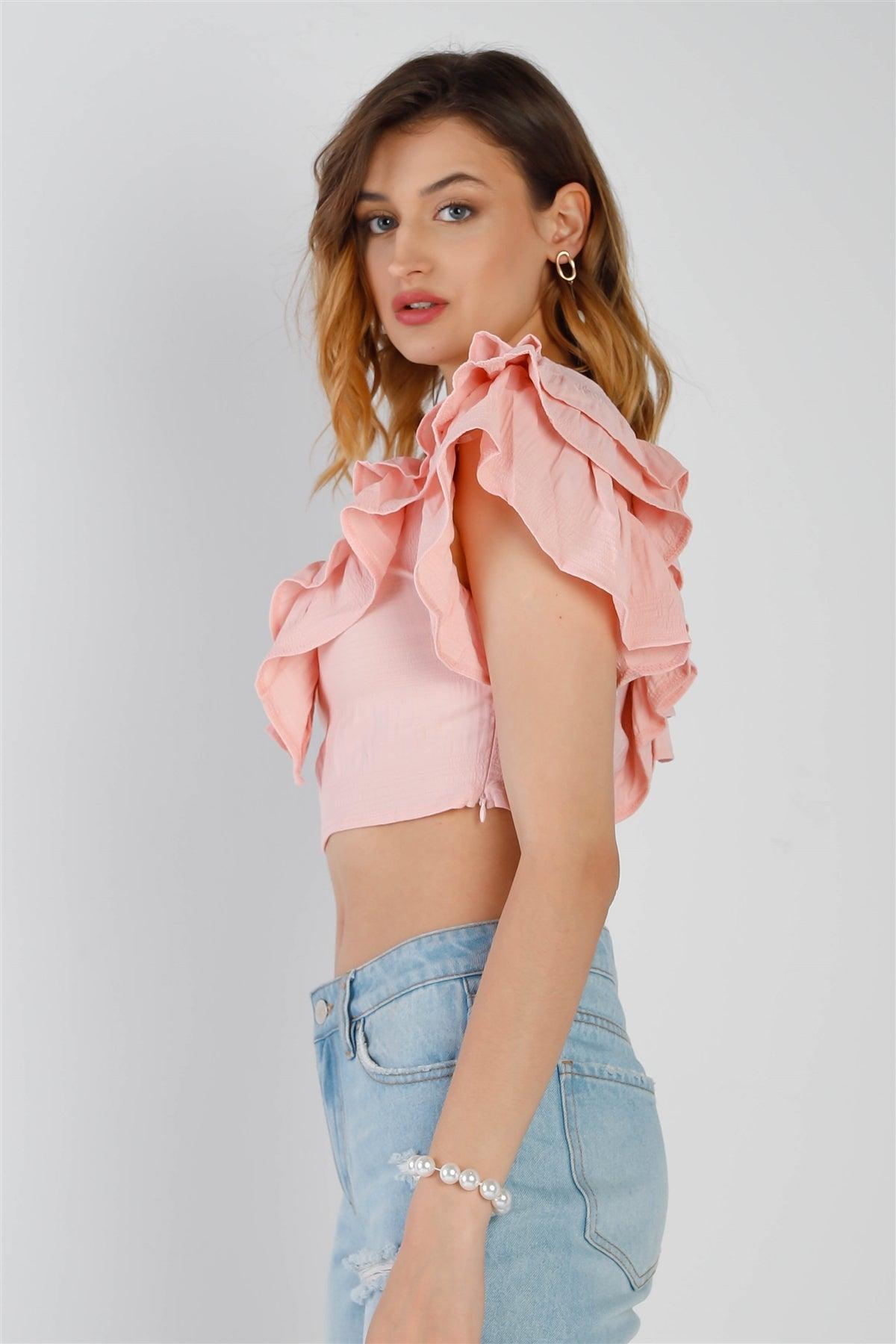 Pink Textured Layered Ruffle Detail V-Neck Crop Top /2-2-2