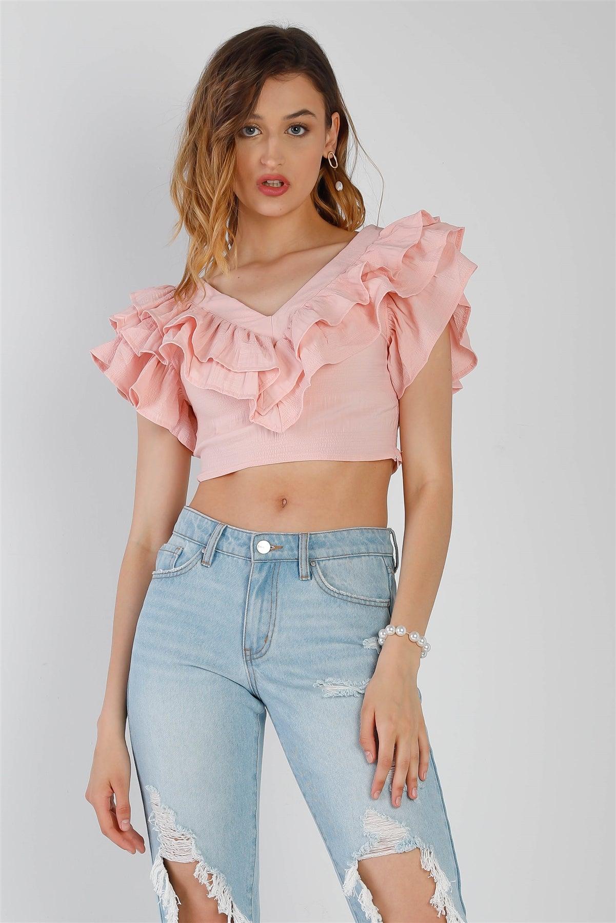 Pink Textured Layered Ruffle Detail V-Neck Crop Top /2-2-2