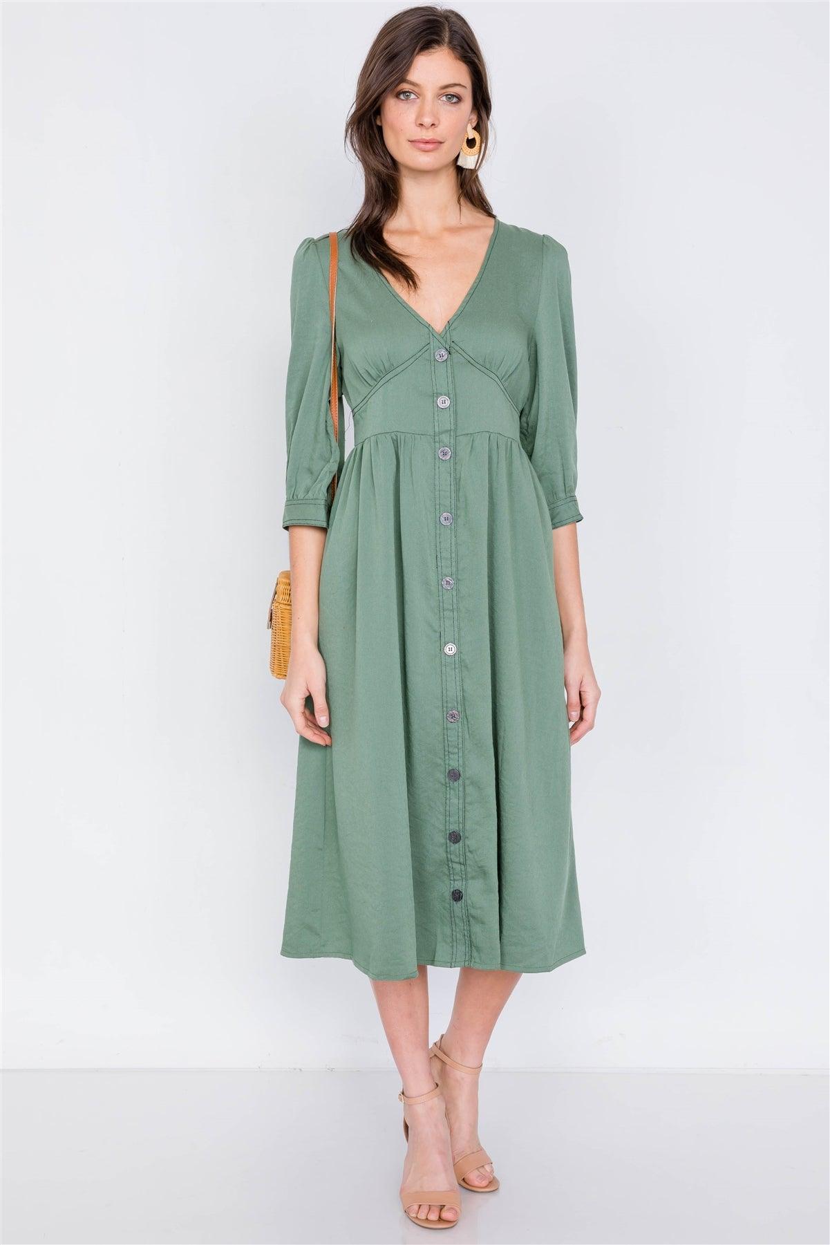 Olive V-Neck Front Button 3/4 Puff Sleeve Casual Midi Dress