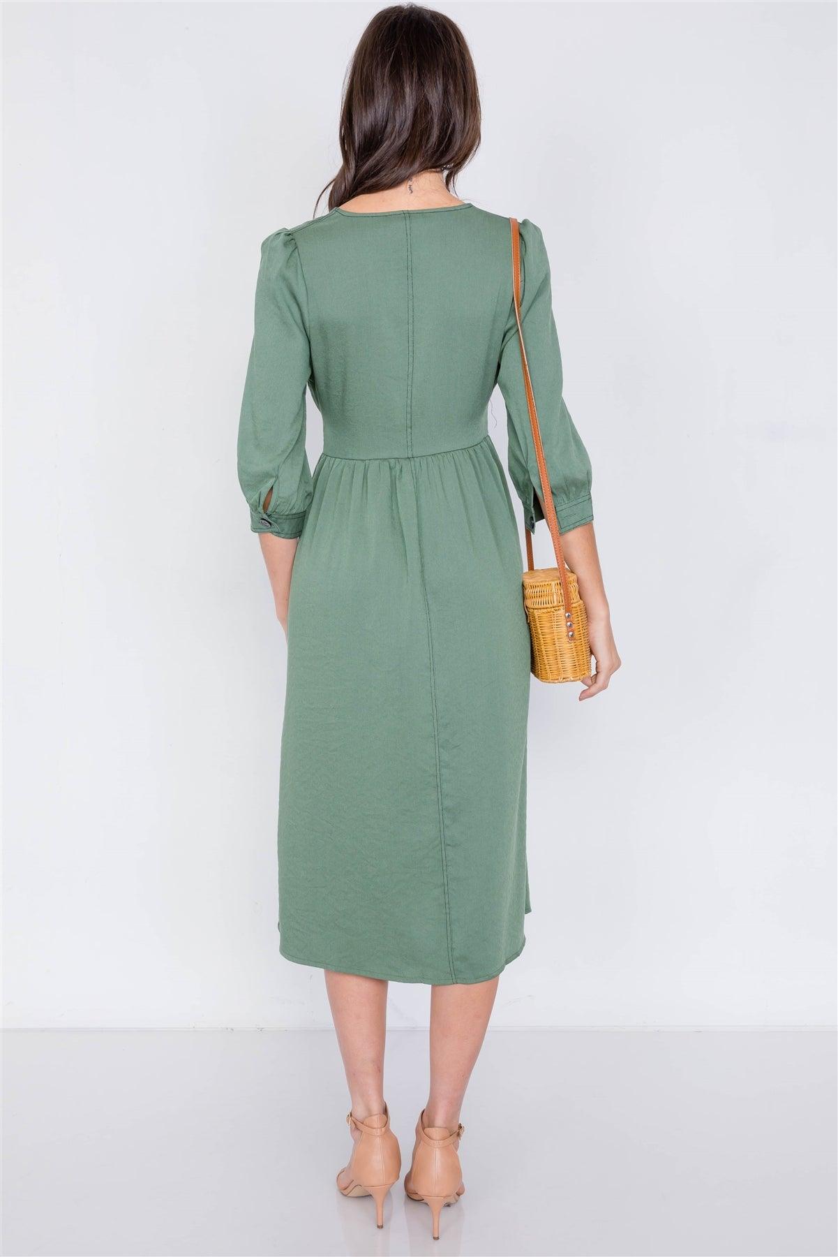 Olive V-Neck Front Button 3/4 Puff Sleeve Casual Midi Dress