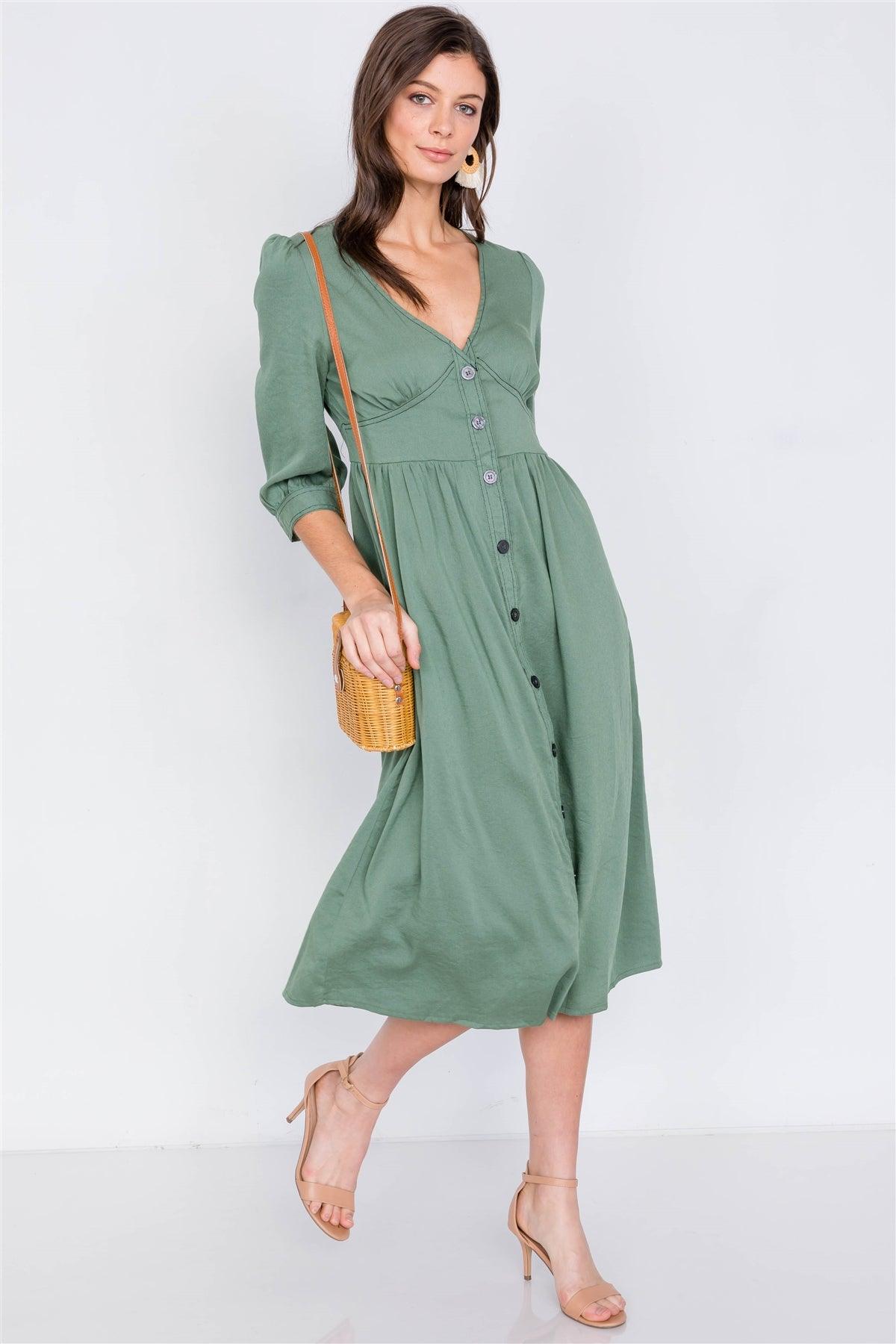 Olive V-Neck Front Button 3/4 Puff Sleeve Casual Midi Dress