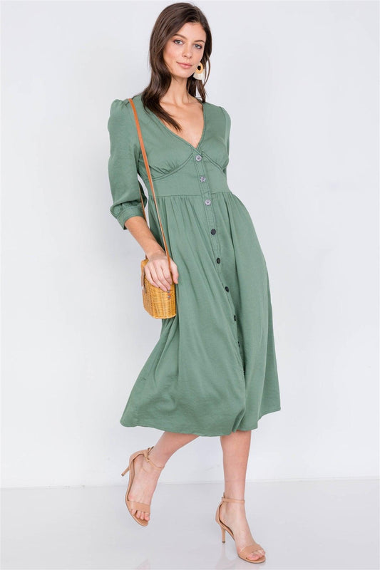 Olive V-Neck Front Button 3/4 Puff Sleeve Casual Midi Dress /1-2-3