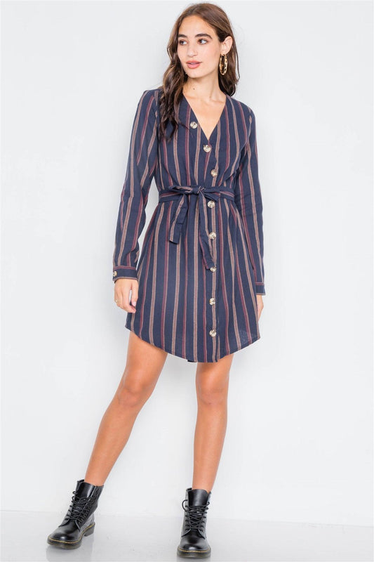 Navy Stripe Full Sleeve Curve Hem Mini Midi Dress /1-2-2