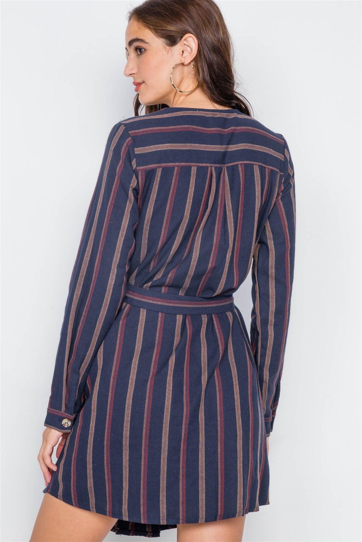 Navy Stripe Full Sleeve Curve Hem Mini Midi Dress /1-2-2