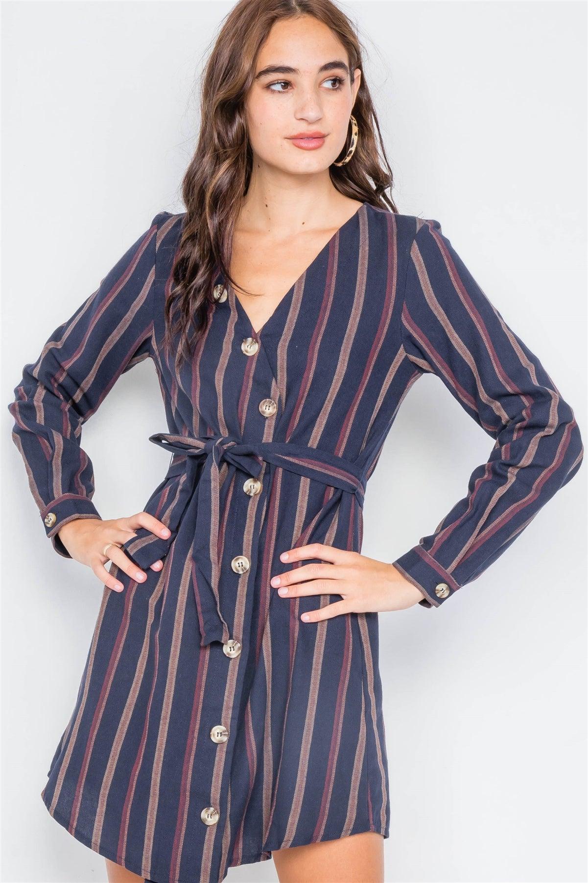 Navy Stripe Full Sleeve Curve Hem Mini Midi Dress /1-2-2