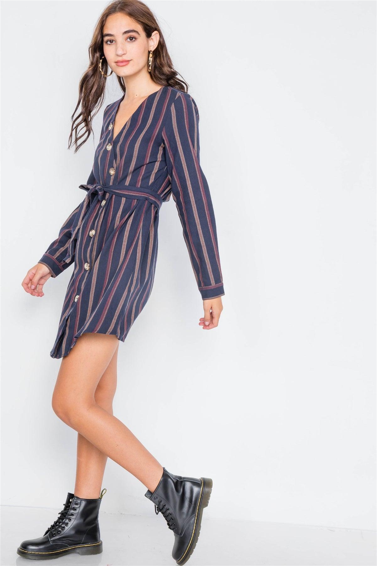 Navy Stripe Full Sleeve Curve Hem Mini Midi Dress /1-2-2