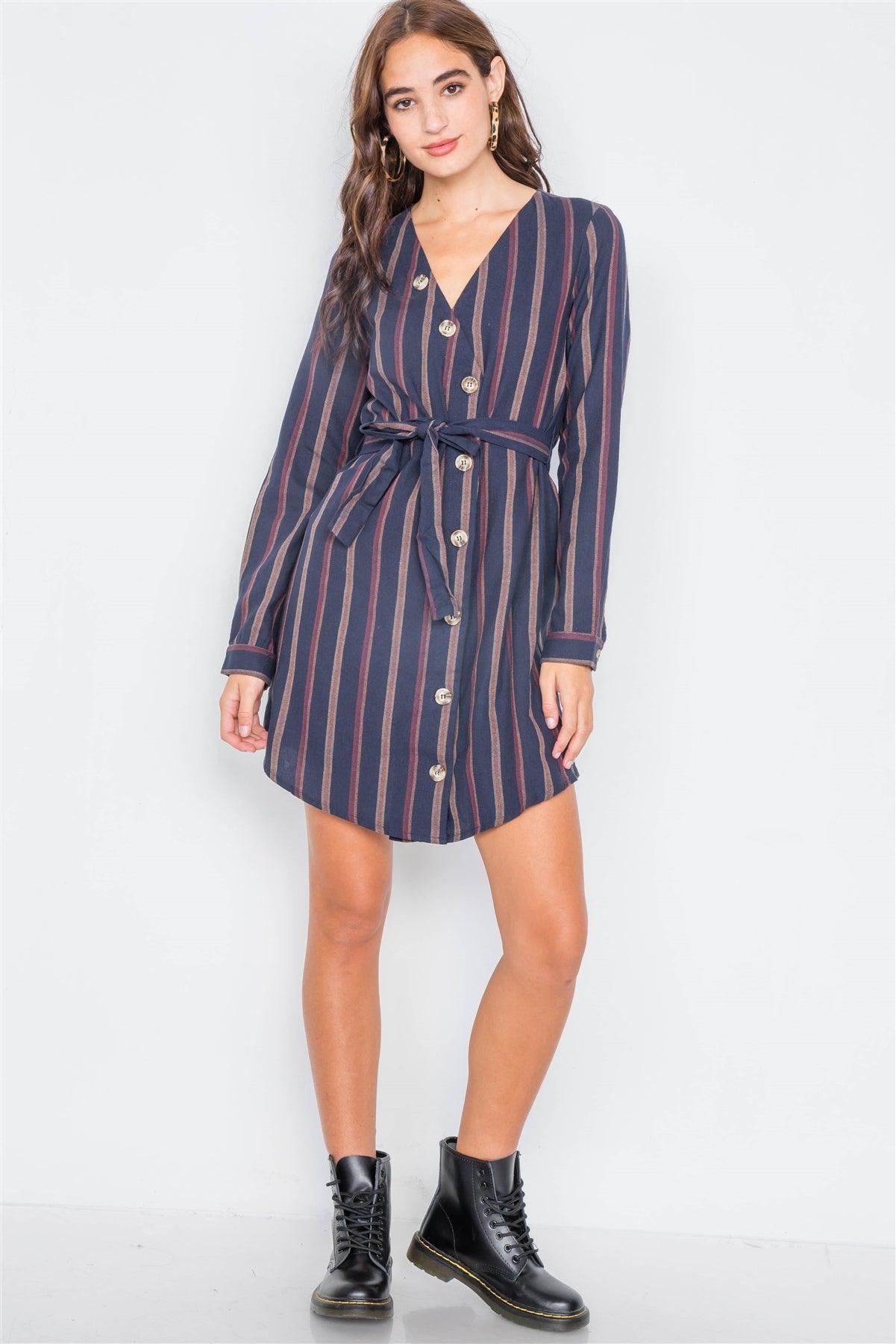 Navy Stripe Full Sleeve Curve Hem Mini Midi Dress /1-2-2