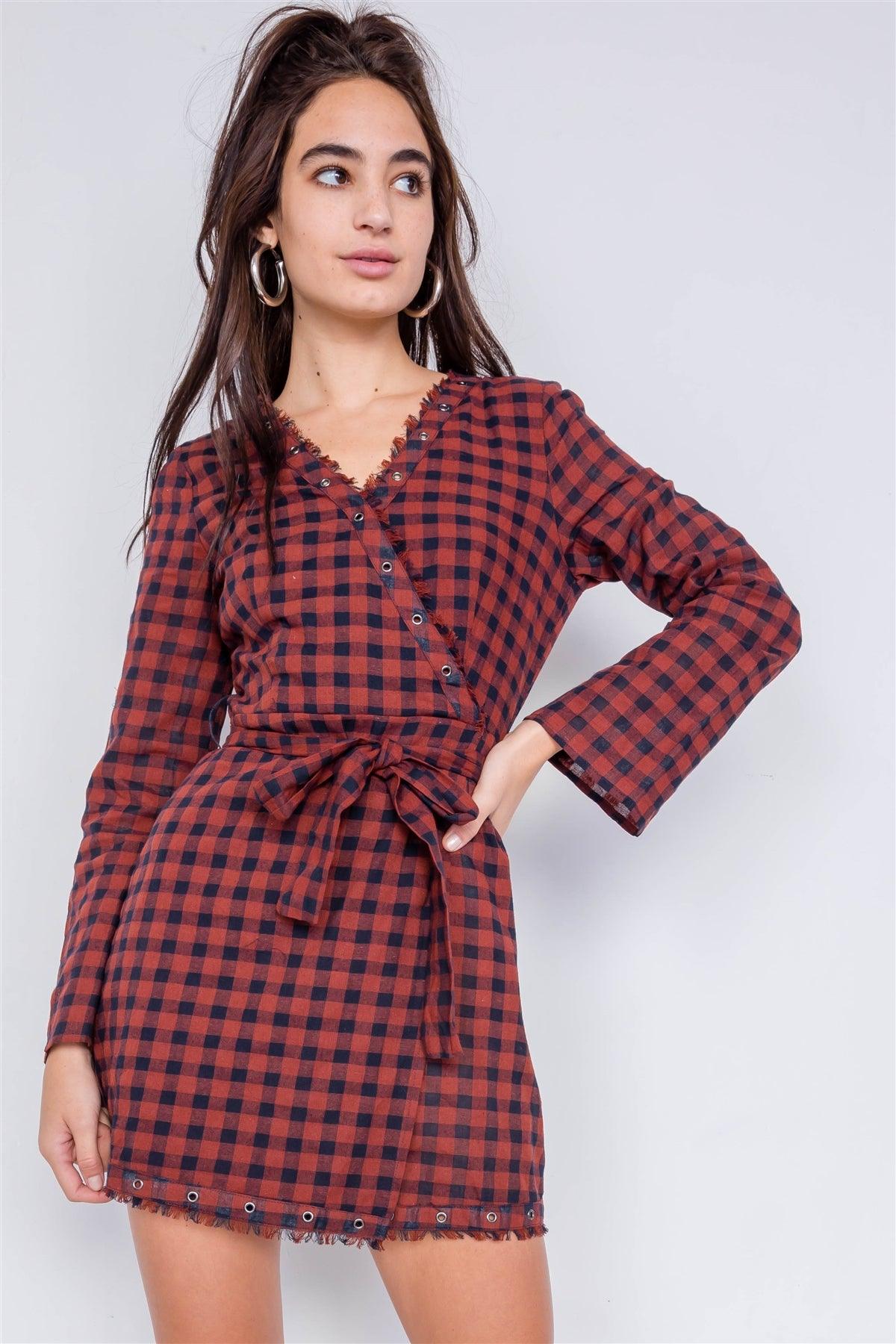 Burgundy & Blue Plaid Checkered Grommet Raw Hem Mini Dress /2-2-2