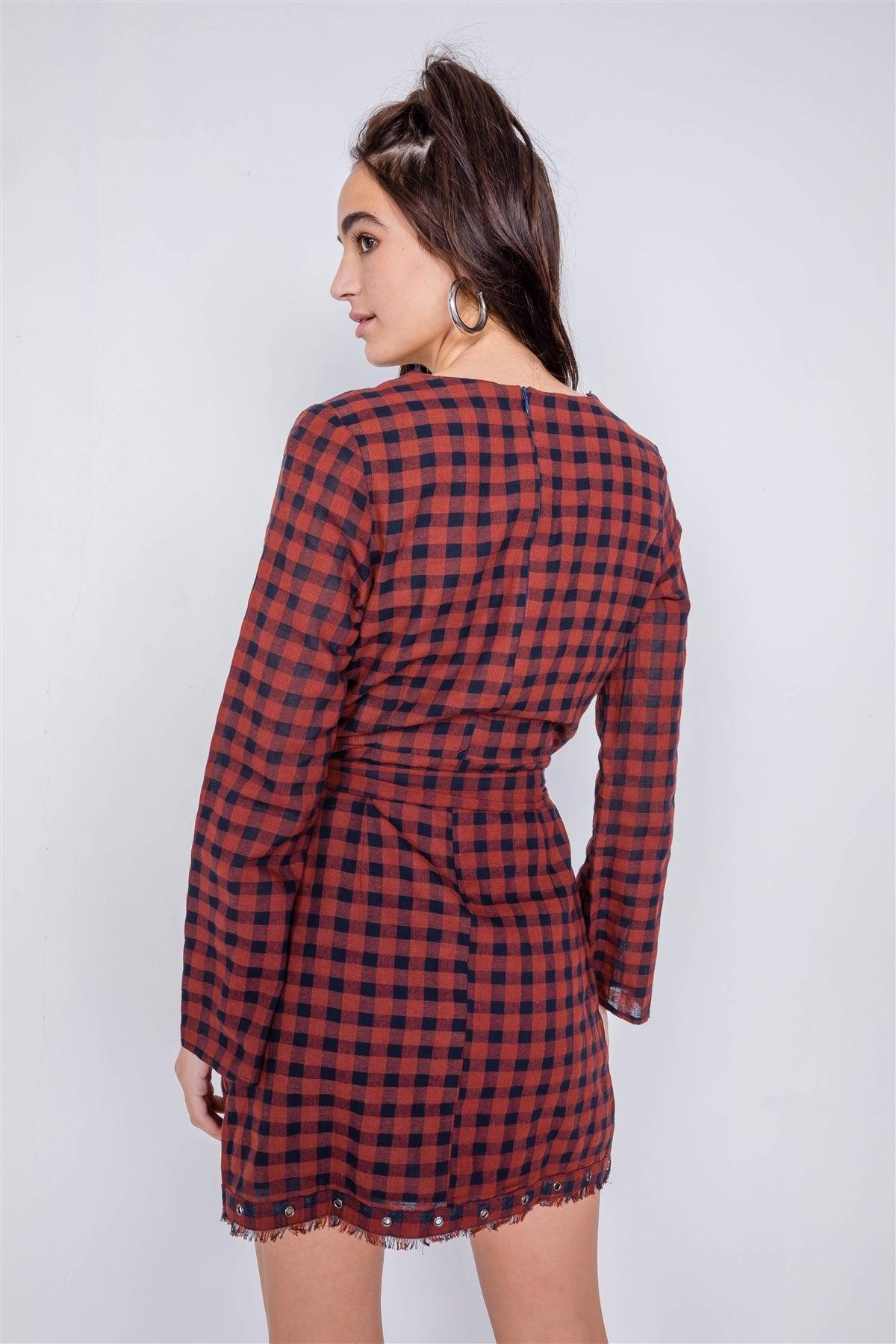 Burgundy & Blue Plaid Checkered Grommet Raw Hem Mini Dress /2-2-2