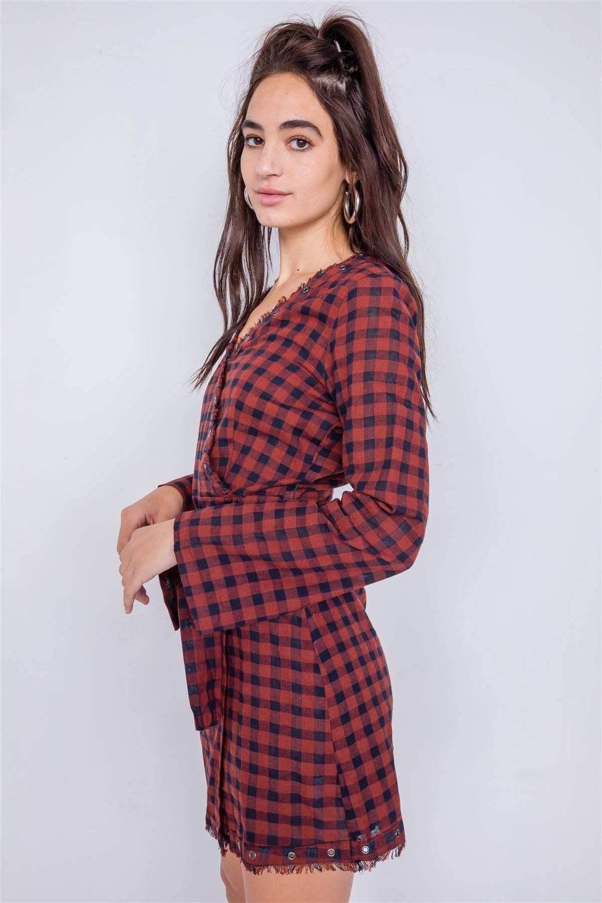 Burgundy & Blue Plaid Checkered Grommet Raw Hem Mini Dress /2-2-2