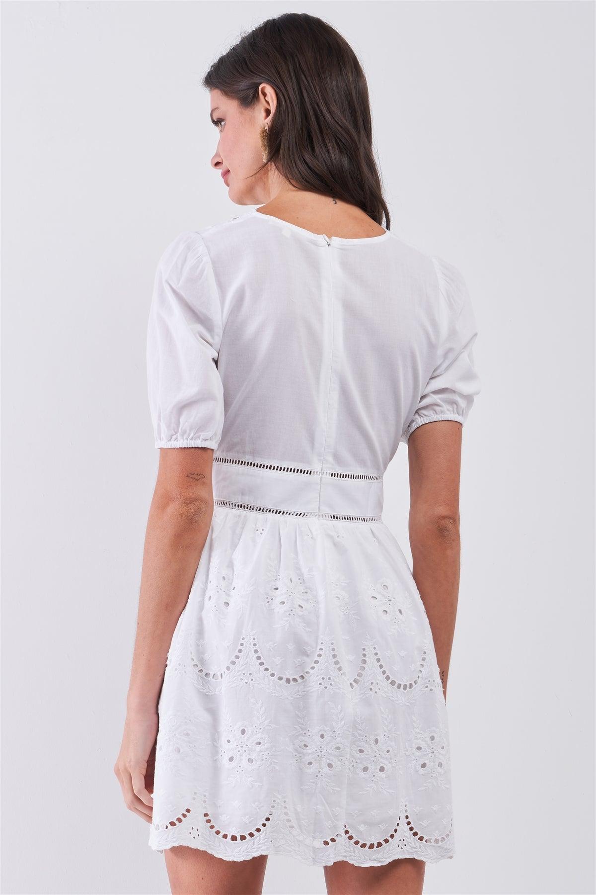 White Boho Crochet Embroidery Laser-Cut Waistband Detail Puff Sleeve Mini Dress /2-2