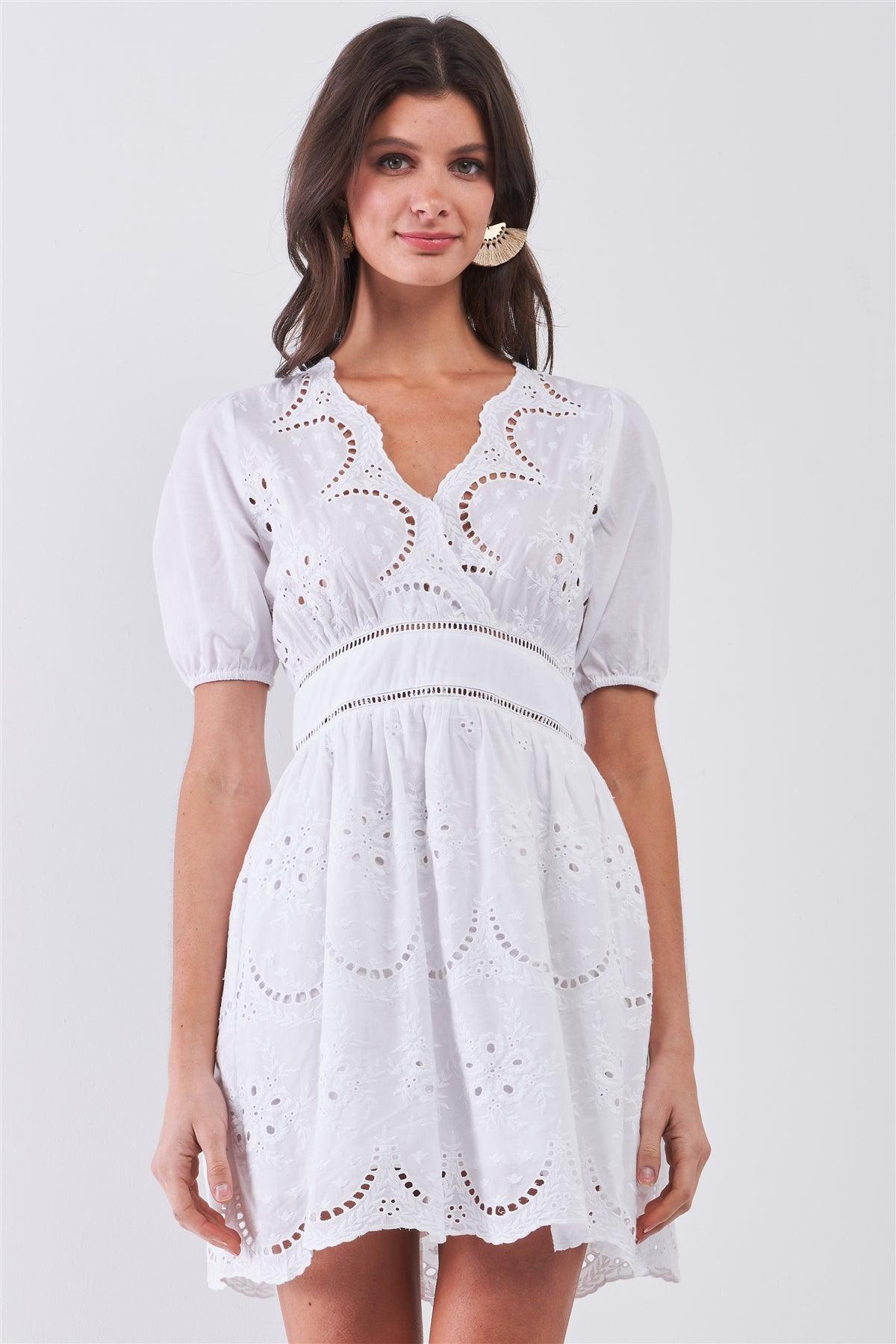 White Boho Crochet Embroidery Laser-Cut Waistband Detail Puff Sleeve Mini Dress /2-2