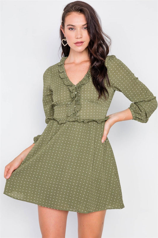 Olive Flounce Polkadot A-Line Midi Dress /2-2-2