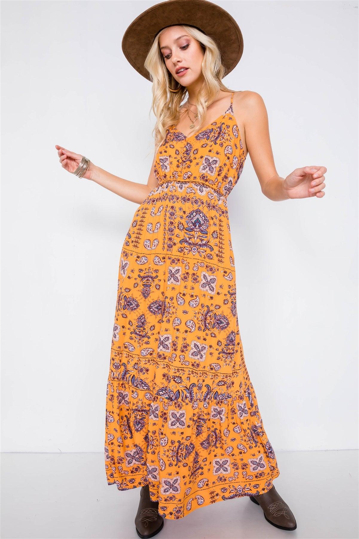 Mustard Boho Print V-Neck Cami Straps Maxi Dress /1-2-2