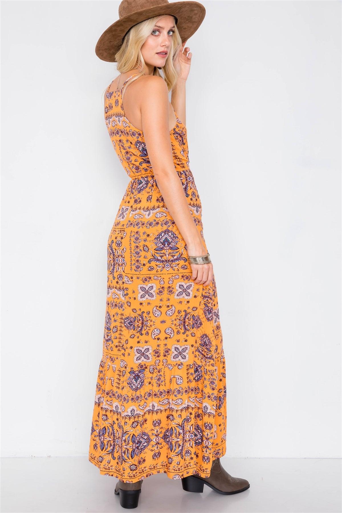 Mustard Boho Print V-Neck Cami Straps Maxi Dress /1-2-2