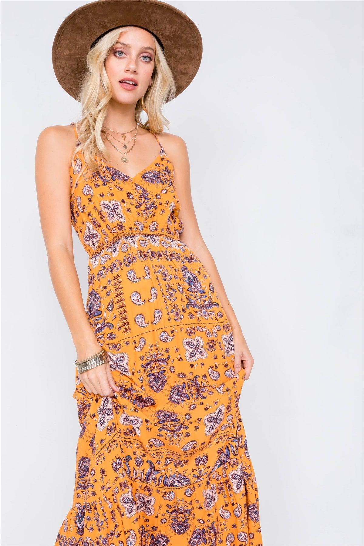 Mustard Boho Print V-Neck Cami Straps Maxi Dress /1-2-2