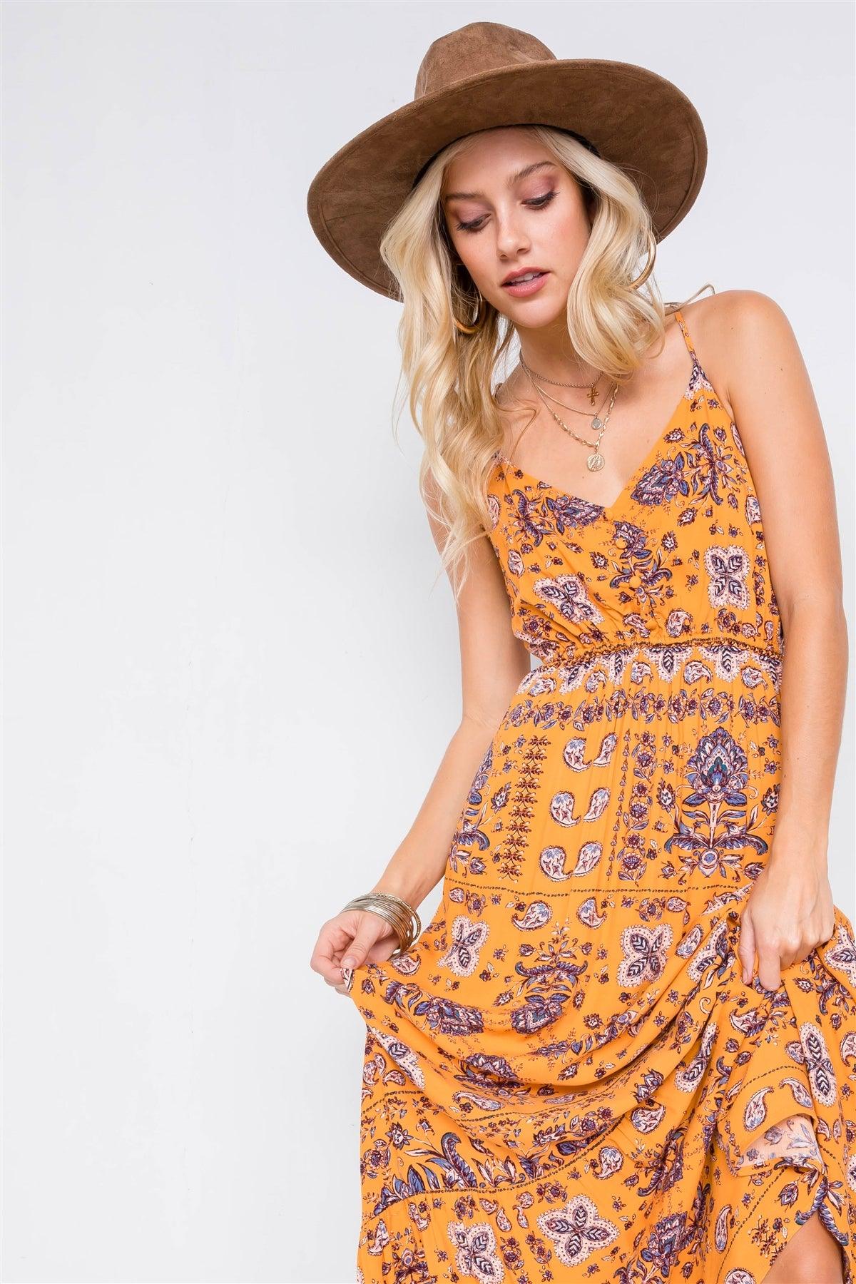 Mustard Boho Print V-Neck Cami Straps Maxi Dress /1-2-2