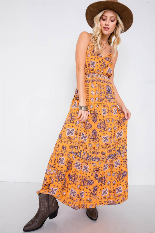 Mustard Boho Print V-Neck Cami Straps Maxi Dress  /3-1-2