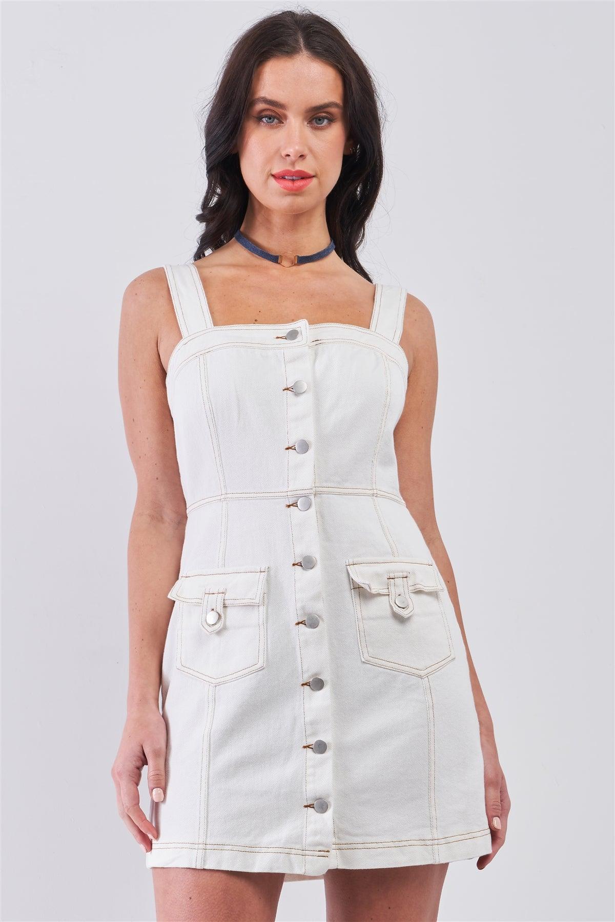 Off-White Denim Sleeveless Square Neck Front Button Down Two Front Pockets Fitted Mini Dress /2-1-2