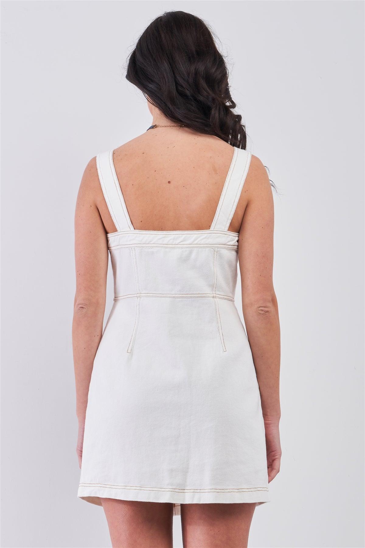 Off-White Denim Sleeveless Square Neck Front Button Down Two Front Pockets Fitted Mini Dress /2-1-2