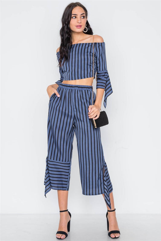 Blue Black Stripe Flounce Capri Pants