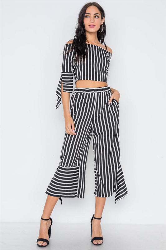 White Black Stripe Flounce Capri Pants