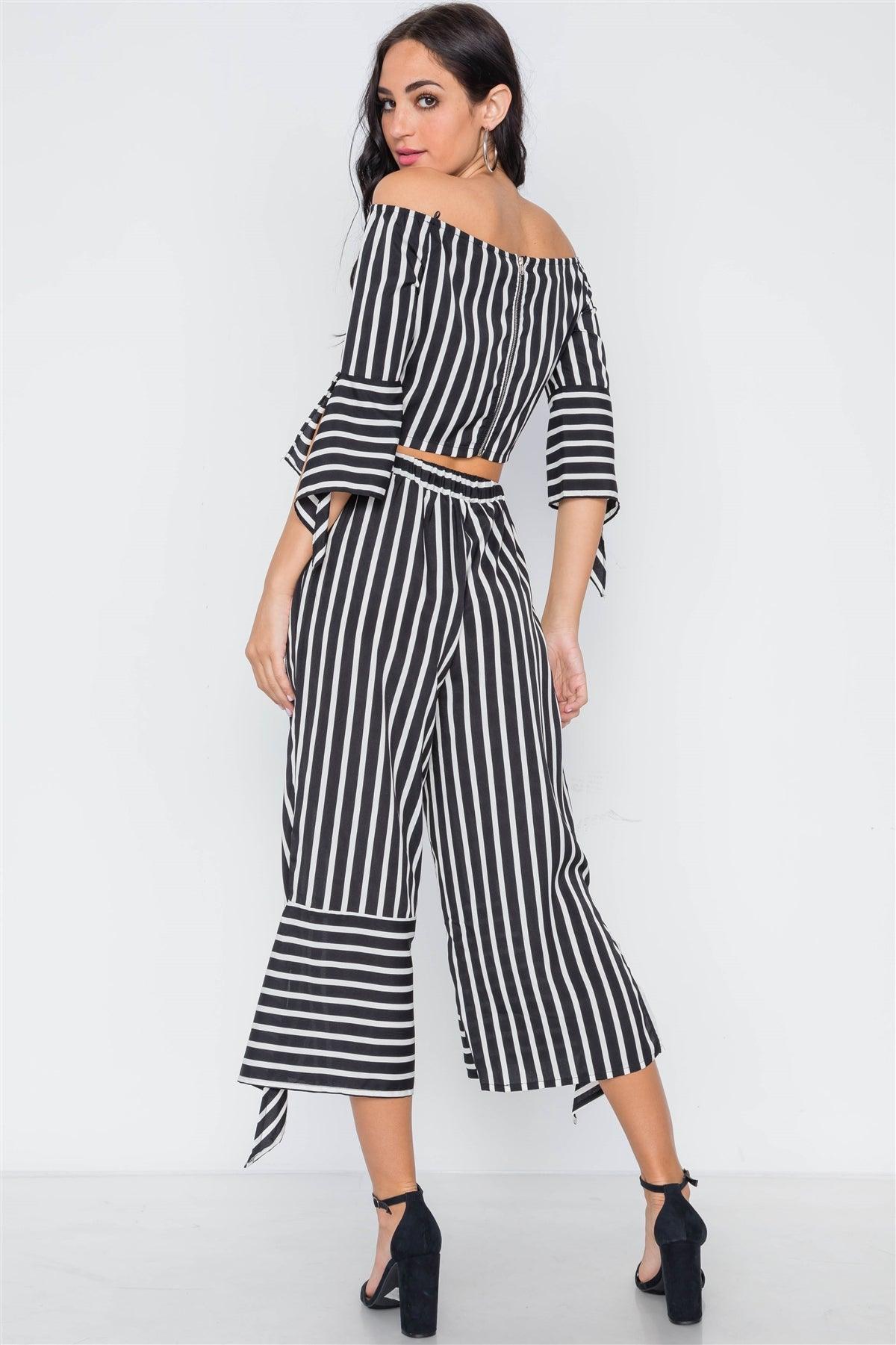 White Black Stripe Flounce Two Piece Top Pants Set /3-2-1