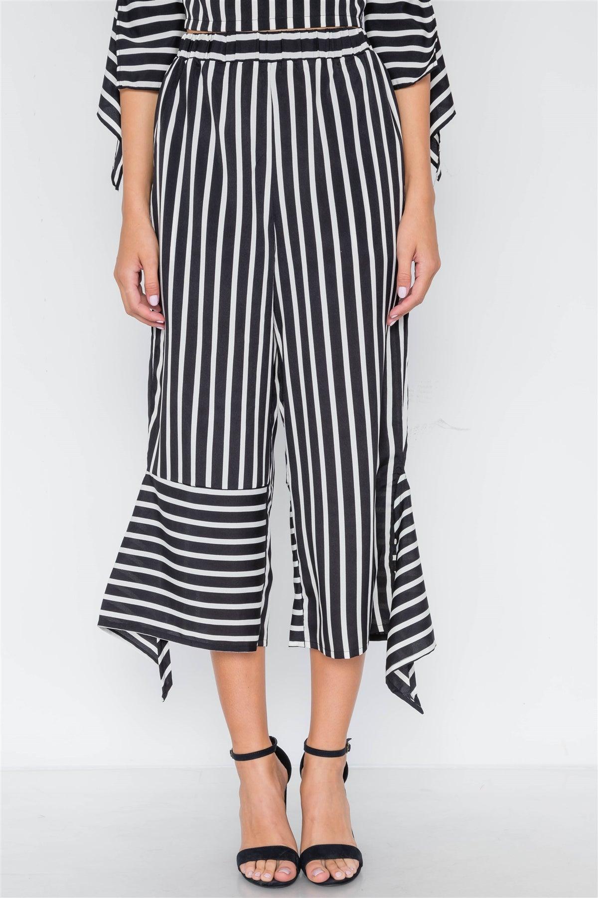 White Black Stripe Flounce Two Piece Top Pants Set /3-2-1