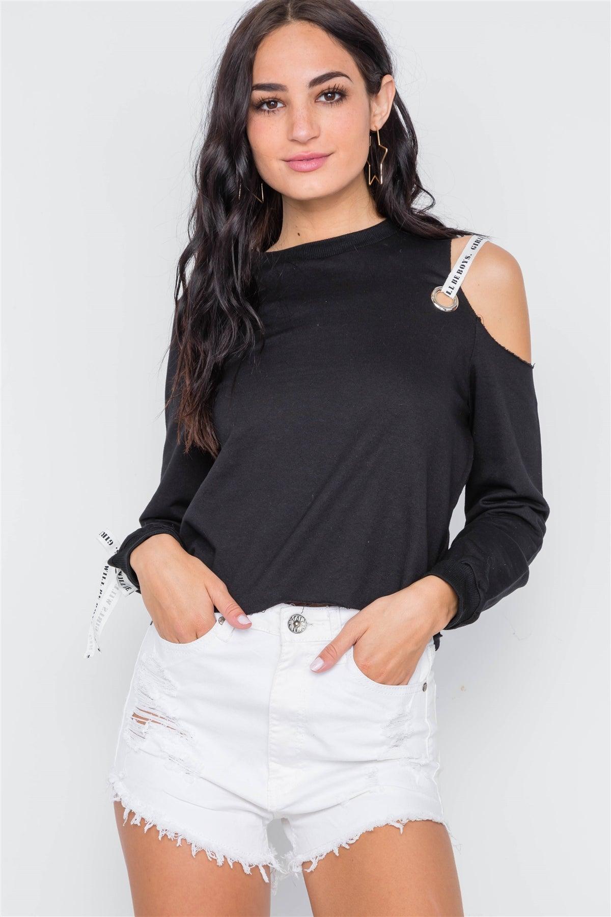 Black Cold Shoulder Long Sleeve Knit Top /3-3-1