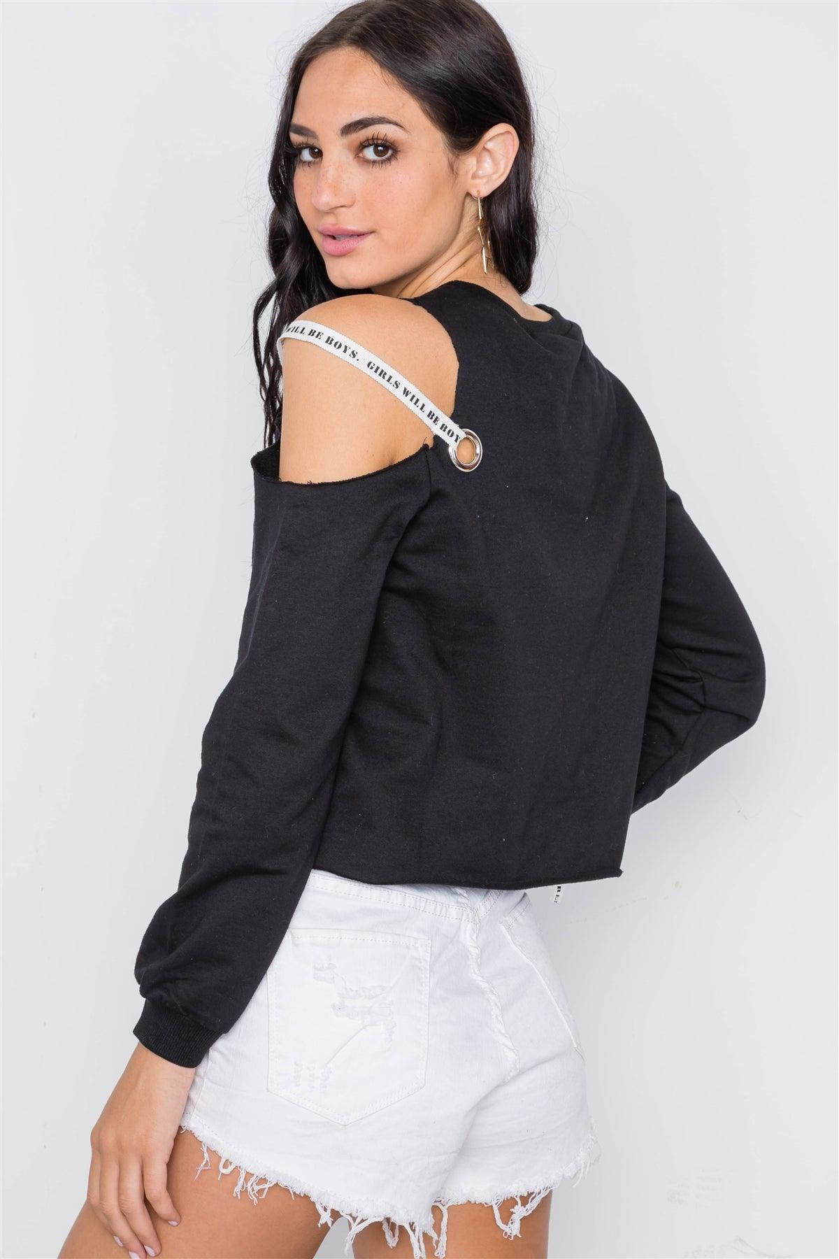 Black Cold Shoulder Long Sleeve Knit Top /3-3-1