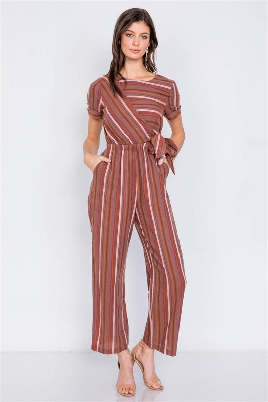 Rust Multi Stripe Flare Leg Front Knot Casual Jumpsuit /3-2-1