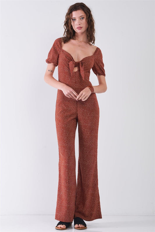 Rust & White Polka Dot Sweetheart Neck With Self-Tie Detail Wide Leg Jumpsuit /3-2-1