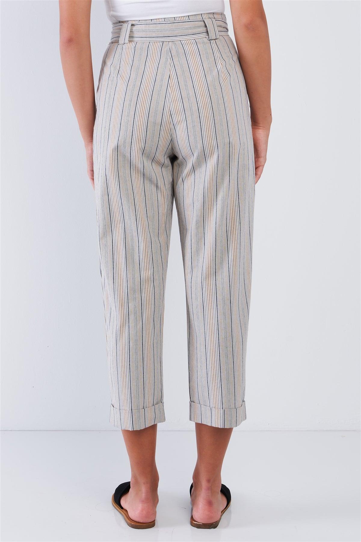 Natural Navy Taupe Striped High Waisted Tapered Folded Hem Pant /2-2-2