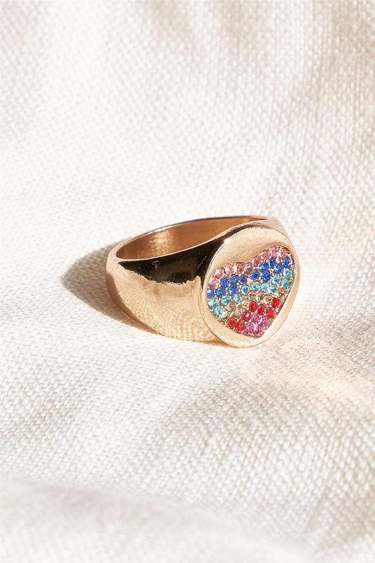 Gold Multi Rainbow Studded Heart Ring Band /6 Pieces