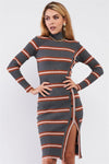 Charcoal Ribbed Long Sleeve Side Button Trim Detail Turtleneck Fitted Mini Dress /3-2-1