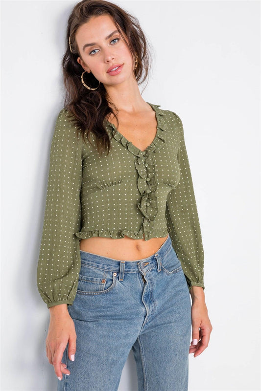 Olive Flounce Polkadot Crop Top /2-2-2