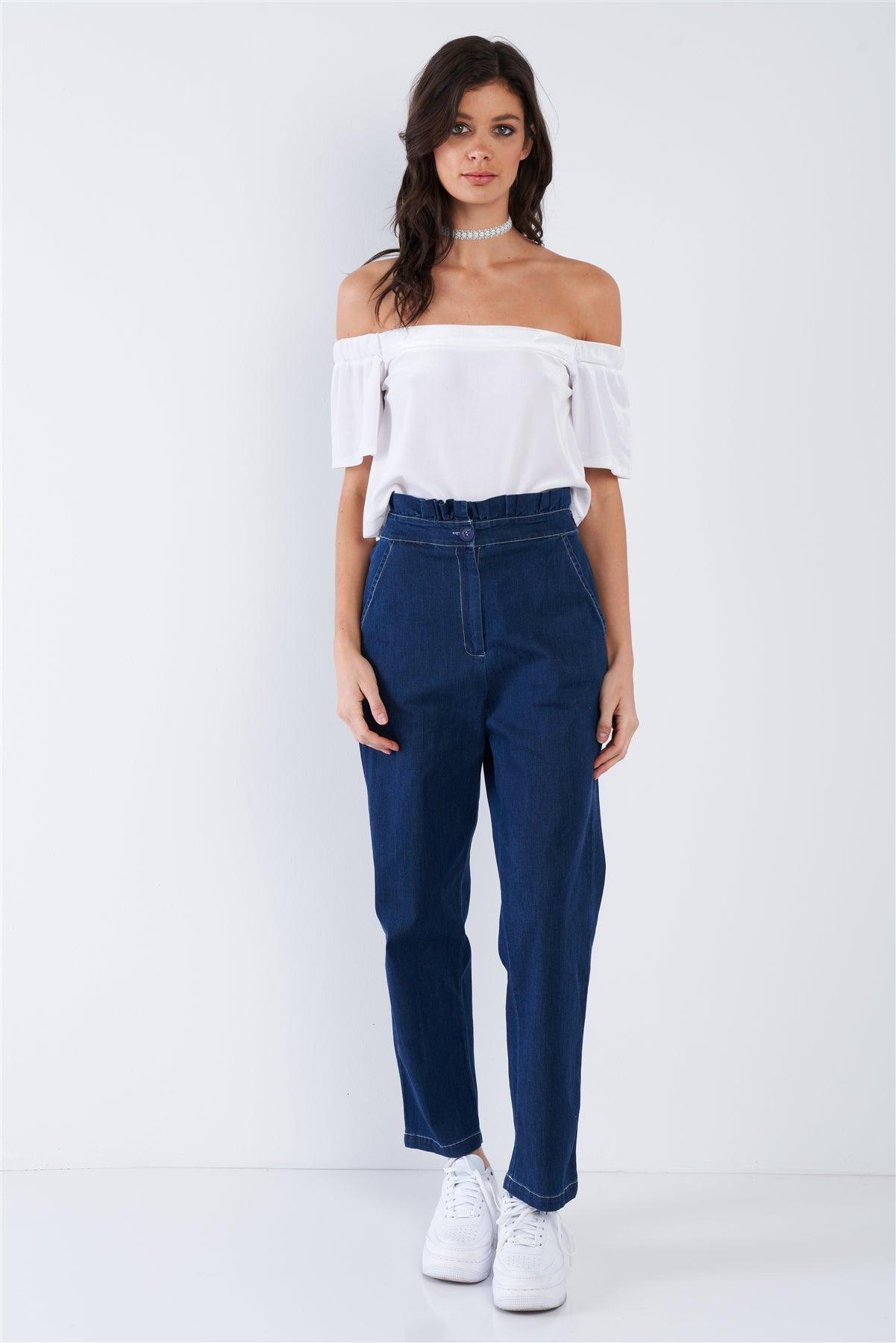 Jean Blue White Stitch Retro High Waist Frill Mock Wrap Denim Pants  /1-1-1-1