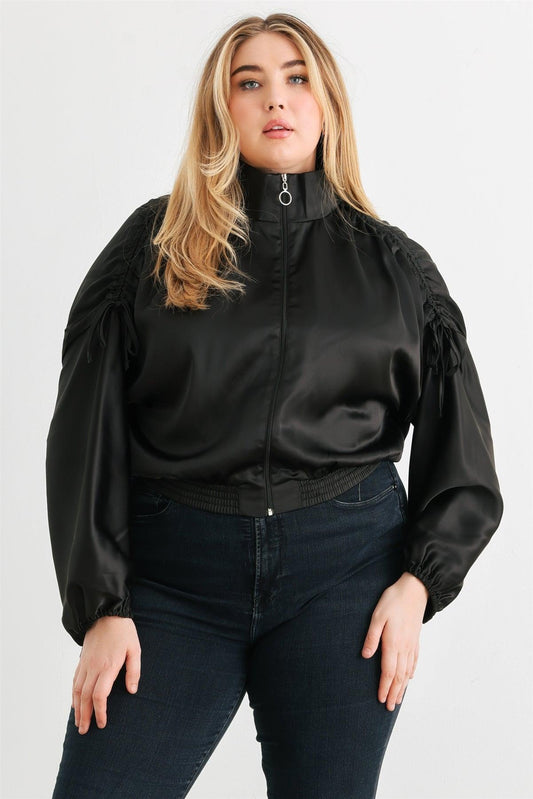 Junior Plus Black Satin Zip-Up Ruched Long Sleeve Cropped Bomber Jacket /1-1-1