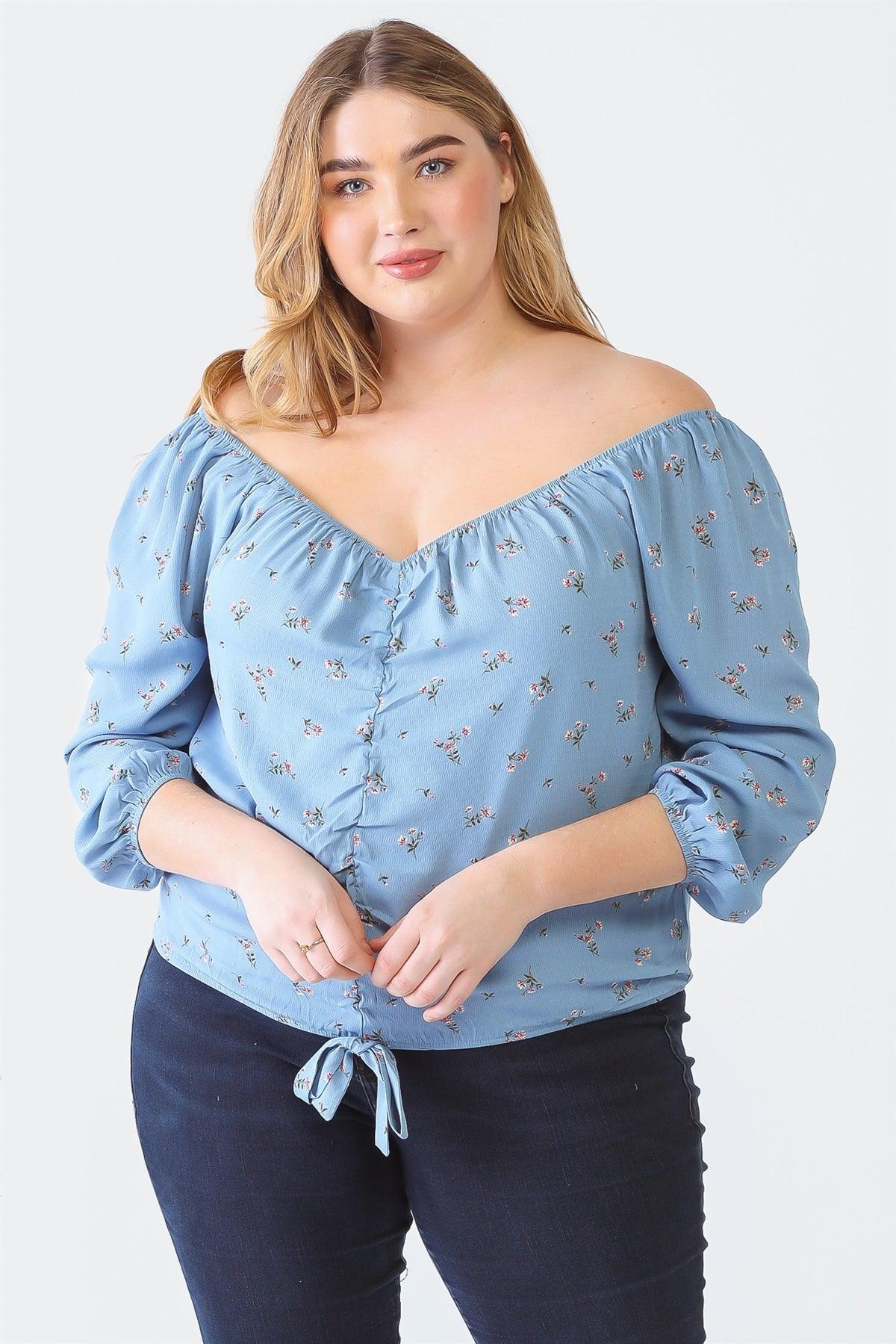 Junior Plus Blue Floral Print Off-The-Shoulder Long Sleeve Ruched Crop Top /1-1-1