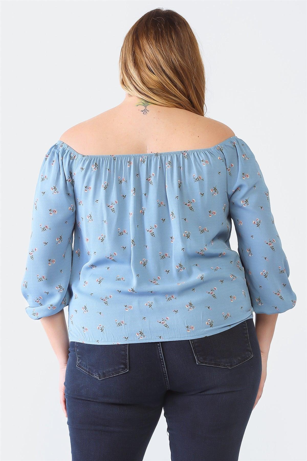 Junior Plus Blue Floral Print Off-The-Shoulder Long Sleeve Ruched Crop Top /1-1-1