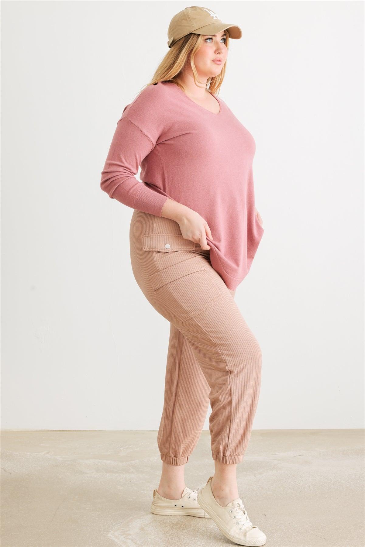 Junior Plus Taupe Ribbed High Waist Jogger Pants /3-1-1